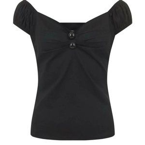 Collectif Dolores 50's Plain Top Shirt Black Gypsy Off Shoulder Button PinUp NEW